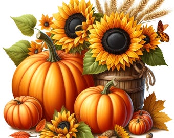 15 imágenes prediseñadas de calabaza y girasol en formato JPG, acuarela, otoño, calabaza, jardín, descarga digital, flores de Acción de Gracias, diario basura, páginas recortables