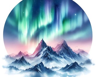 15 JPG Aurora Sky Mountains Clipart Bundle Watercolor Northern Lights Digital Download Mountain Landscape Paper Crafts Printable Pages JPG's