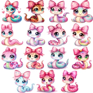 Girly Snake Clipart Bundle 15 PNG High Quality Cute Watercolor Pink Snake Digital Download Printable Art Files Pastel Color Reptiles Pngs image 7