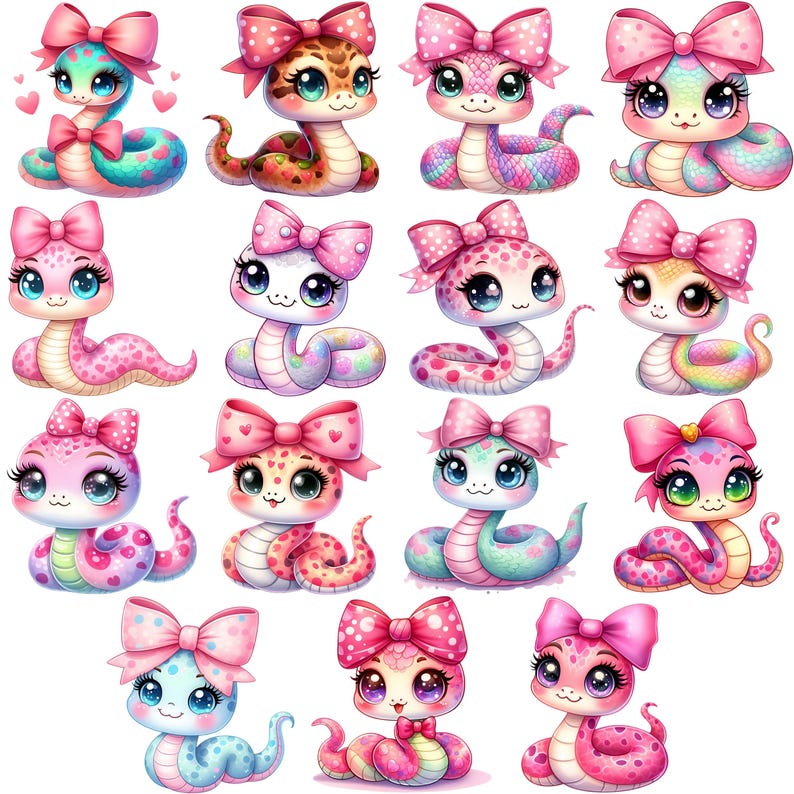 Girly Snake Clipart Bundle 15 PNG High Quality Cute Watercolor Pink Snake Digital Download Printable Art Files Pastel Color Reptiles Pngs image 7