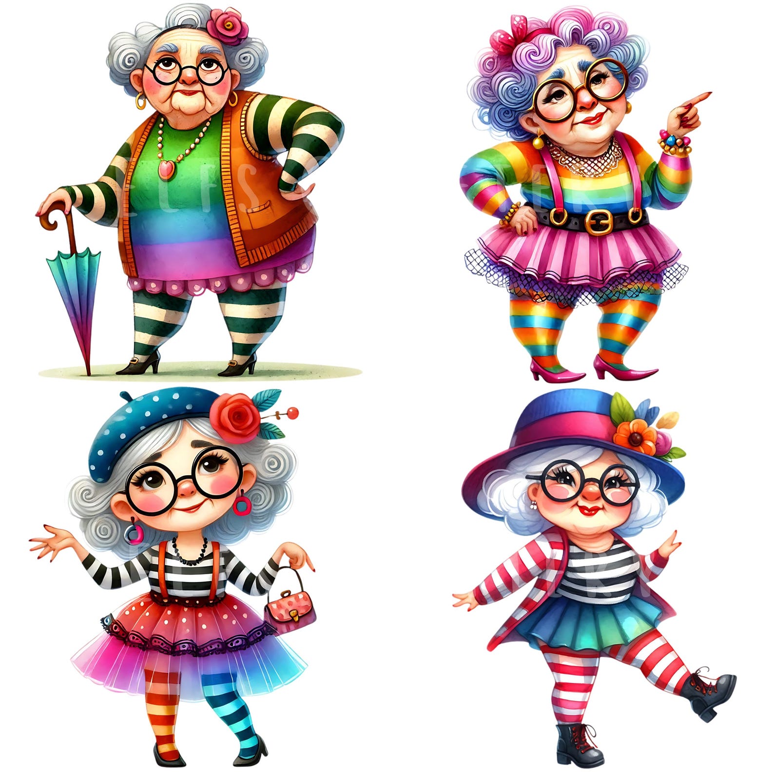 Quirky Old Lady Clipart Bundle 15 PNG High Quality Watercolor Quirky ...