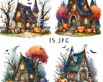 15 Halloween Cottage Digital Art Clipart Bundle Aquarell Wald Halloween Haunted House Digital Download Spooky Halloween Junk Journal