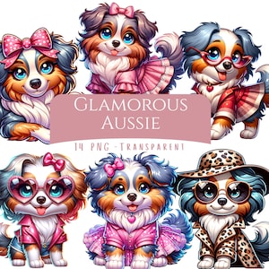 Glamorous Aussie Clipart Bundle 14 PNG Cute Australian Shepherd Digital Download Printable Images Digital Stickers Dog Mom Gifts Art Prints
