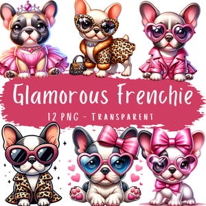 Ensemble de 12 cliparts Frenchie glamour en téléchargement numérique PNG, pack de cliparts Clip Art Bouledogue Français Adorable Mini Frenchie Girly, autocollants imprimables