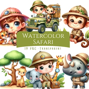 Akvarell Safari Clipart Bundle 19 PNG Högkvalitativ Tecknad Akvarell Söt Djungel Safari Djur Barnkammare Safari Utskrivbar Digital Nedladdning