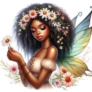 Pacote com 15 clipart de fadas de flores africanas em JPG, linda garota negra encantada, florista afro, download digital, artesanato em papel para impressão em JPG