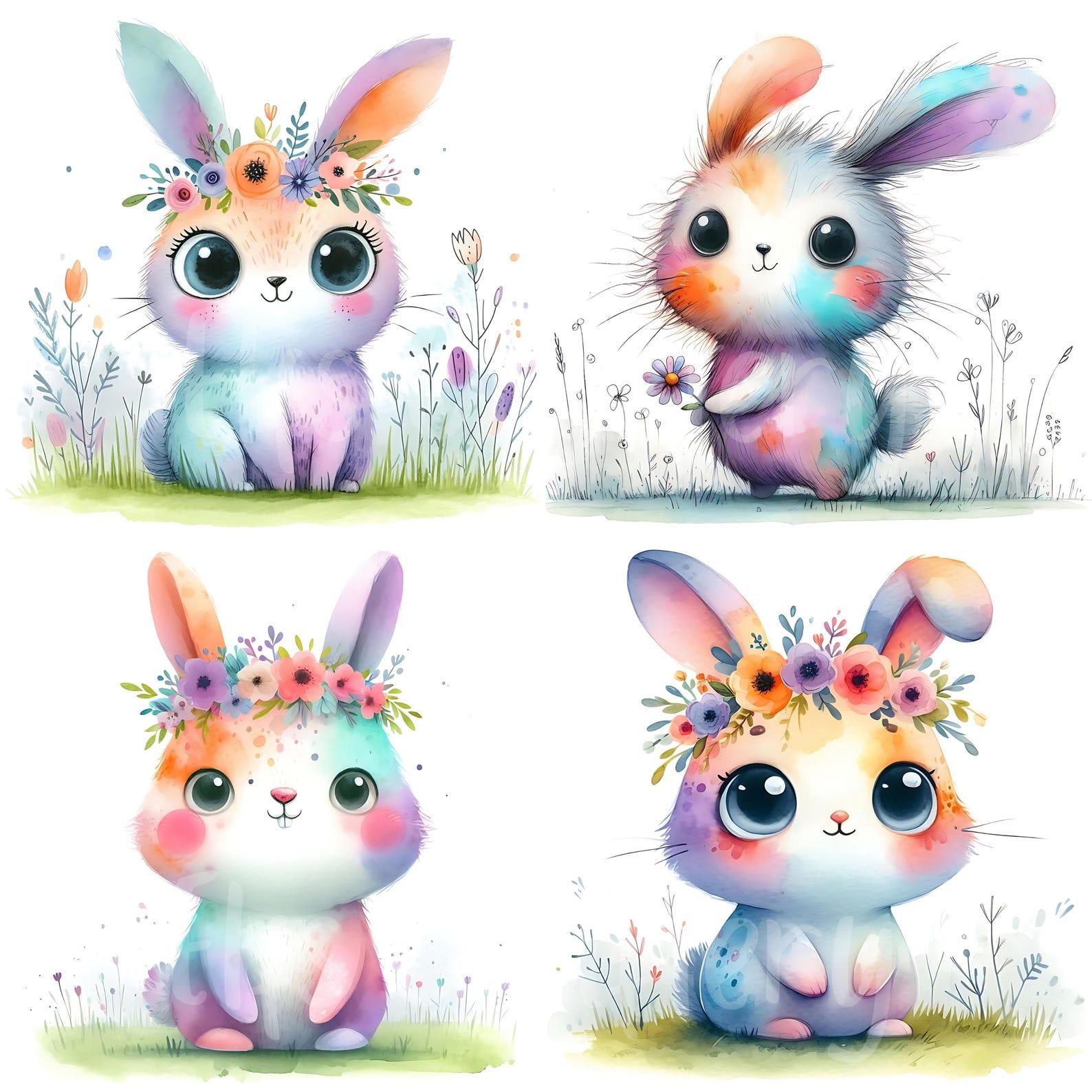 15 JPG Little Whimsy Rabbit Clipart Bundle Watercolor Cute Quirky Bunny ...