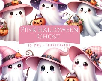 Pink Halloween Ghost Clipart Bundle 15 PNG High Quality Watercolor Cute Ghost Digital Download Pink Coquette Halloween Printable Stickers