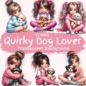 Ensemble de cliparts original pour amoureux des chiens 12 PNG haute qualité mignon cheveux en désordre fille adorable chiot original maman téléchargement numérique graphiques fichiers imprimables