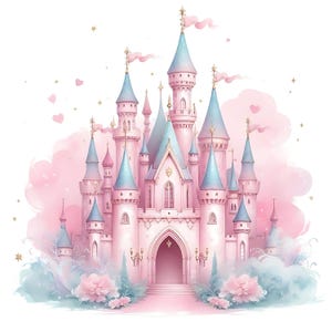 Pode incluir: Um castelo de conto de fadas rosa e azul com m&uacute;ltiplas torres e uma grande entrada arqueada. O castelo &eacute; cercado por nuvens e flores.
