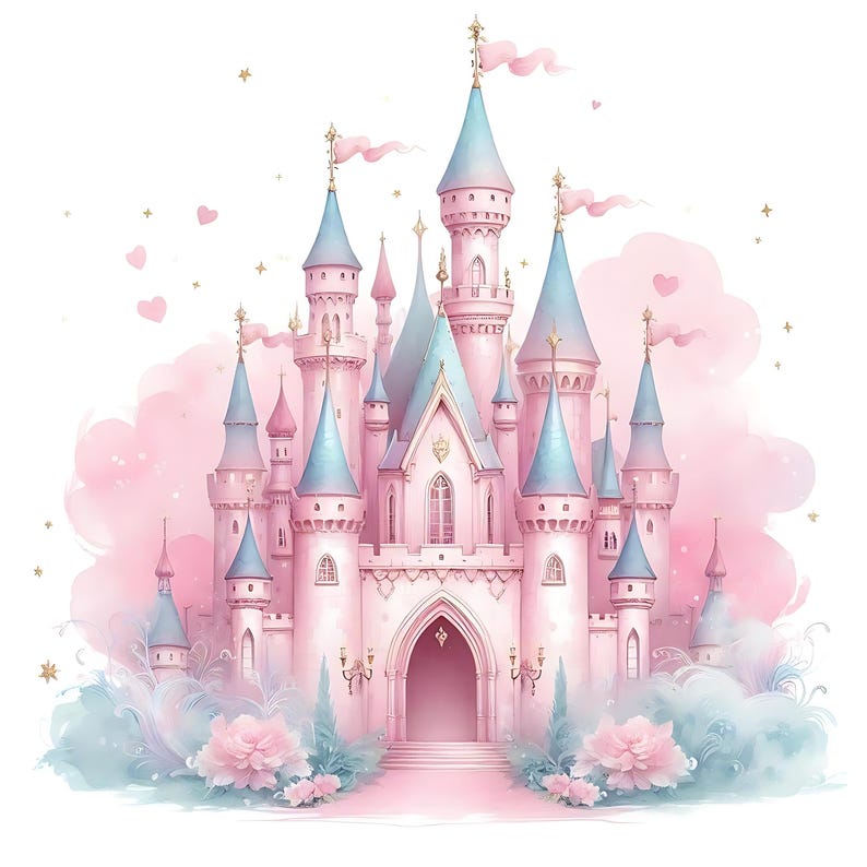 Pode incluir: Um castelo de conto de fadas rosa e azul com m&uacute;ltiplas torres e uma grande entrada arqueada. O castelo &eacute; cercado por nuvens e flores.