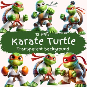 Pacote de clipart de tartaruga de karatê 15 PNG de alta qualidade Desenho animado de artes marciais Tartaruga Download digital Papel Artesanato Adesivos para impressão Cartões DIY