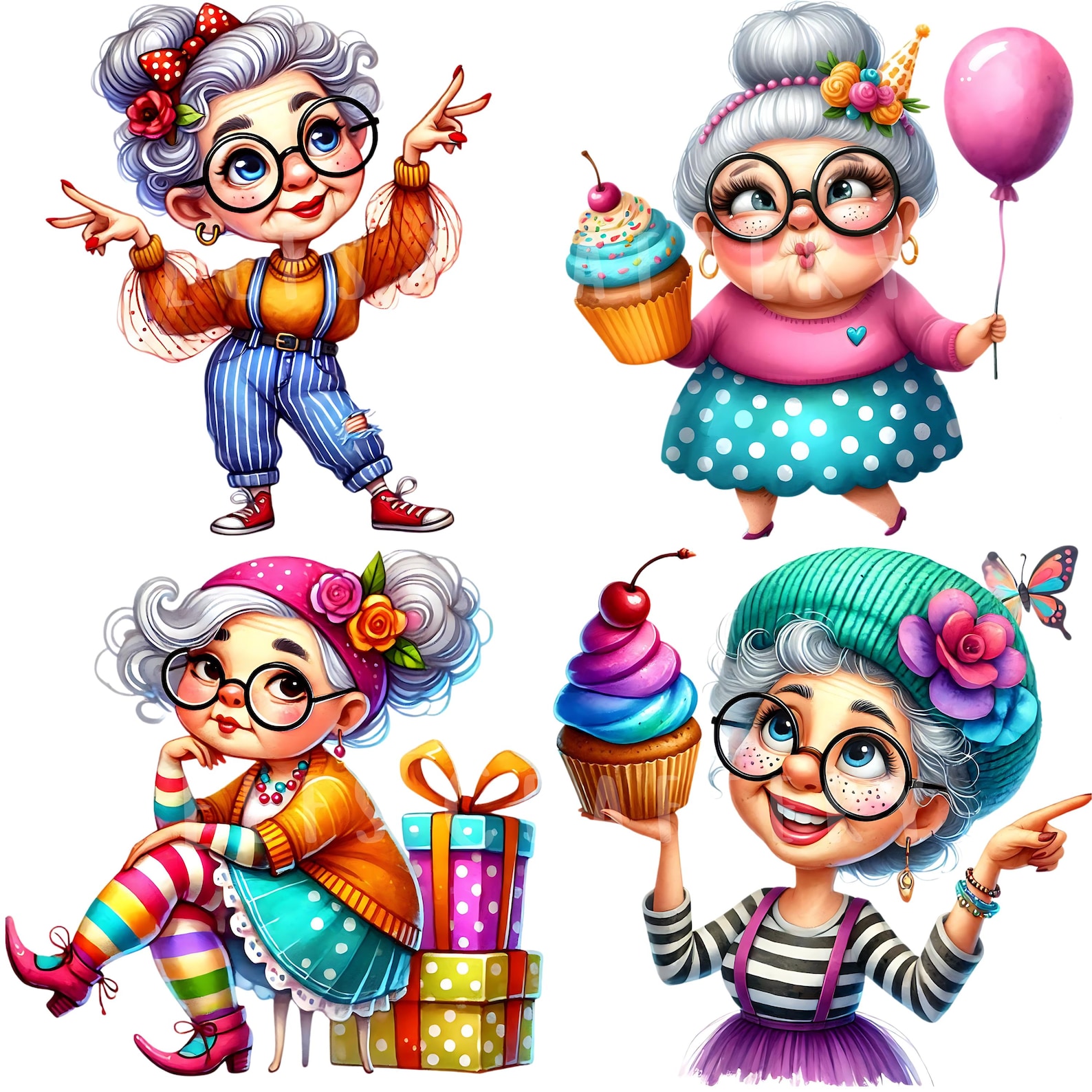 Quirky Old Lady Clipart Bundle 15 PNG High Quality Watercolor Quirky ...