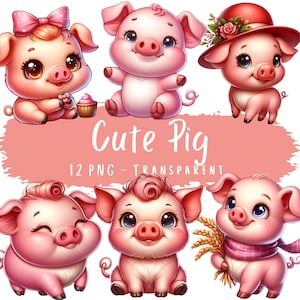 Lindo paquete de imágenes prediseñadas de cerdo, 12 PNG, dibujos animados de cerditos lindos, descarga digital, ilustraciones de arte, animales de granja imprimibles, archivos PNG de arte digital