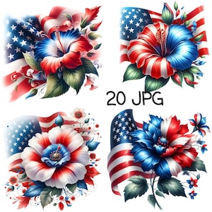 Lot de 20 cliparts fleurs patriotiques JPG aquarelle florale 4 juillet téléchargement numérique Clipart fête de l'indépendance imprimable graphiques numériques