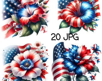 Könnte beinhalten: Vier digitale Illustrationen mit floralen Arrangements in Rot, Weiß und Blau, mit einer amerikanischen Flagge im Hintergrund. Der Text "20 JPG" befindet sich in der Mitte. Die Blumen umfassen Hibiskus und andere Blüten.