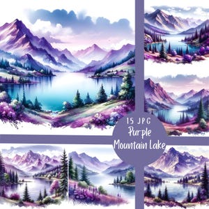 15 JPG Purple Mountain Lake Digital Art Bundle Watercolor Painting Landscape Digital Download Water Lake Dreamy Nature Hike Printable Pages