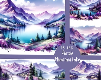 15 JPG Purple Mountain Lake Digital Art Bundle Watercolor Painting Landscape Digital Download Water Lake Dreamy Nature Hike Printable Pages