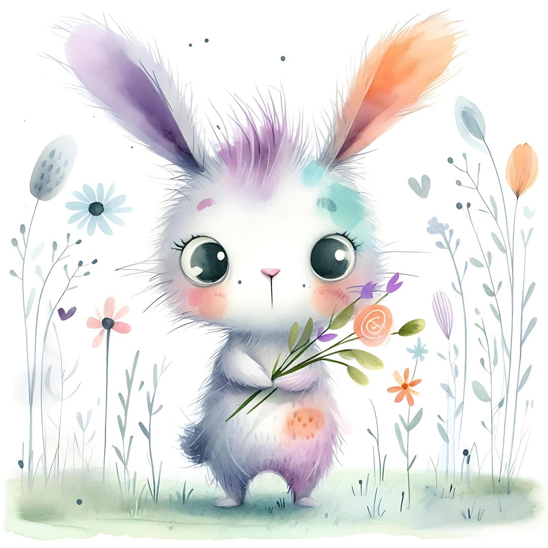 15 JPG Little Whimsy Rabbit Clipart Bundle Watercolor Cute Quirky Bunny ...