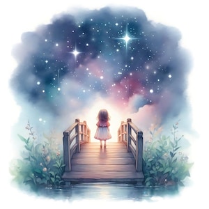 Lot de 15 images nuit étoilée, fille et pont, aquarelle, nuit magique, étoiles, paysage, téléchargement numérique, observation des étoiles céleste, enfant