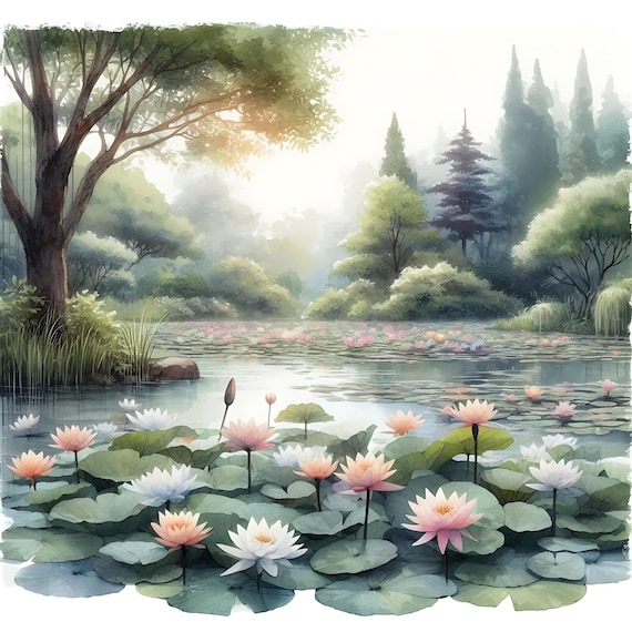 15 JPG 睡蓮の池 デジタルアートバンドル 水彩画 風景 デジタル