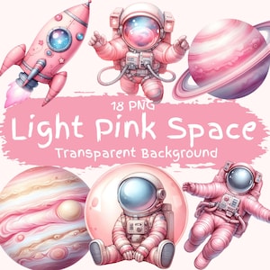 Bundle de cliparts espace rose clair 18 PNG Joli rose aquarelle astronaute de l'espace en téléchargement numérique Art graphiques imprimables autocollants fabrication de cartes Png