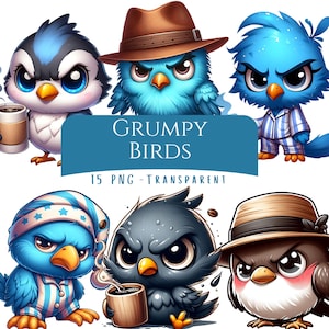 Grumpy Birds Clipart Bundle 15 PNG High Quality Cartoon Cute Quirky Morning Coffee Birds Digital Download Printable Crafts Moody Baby Bird