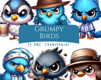 Grumpy Birds Clipart Bundle 15 PNG High Quality Cartoon Cute Quirky Morning Coffee Birds Digital Download Printable Crafts Moody Baby Bird
