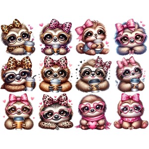 Cute Sloth Girl Clipart Bundle 12 PNG High Quality Watercolor Coquette Bow Coffee Girly Sloth Printable Stickers Digital Crafting Downloads image 7