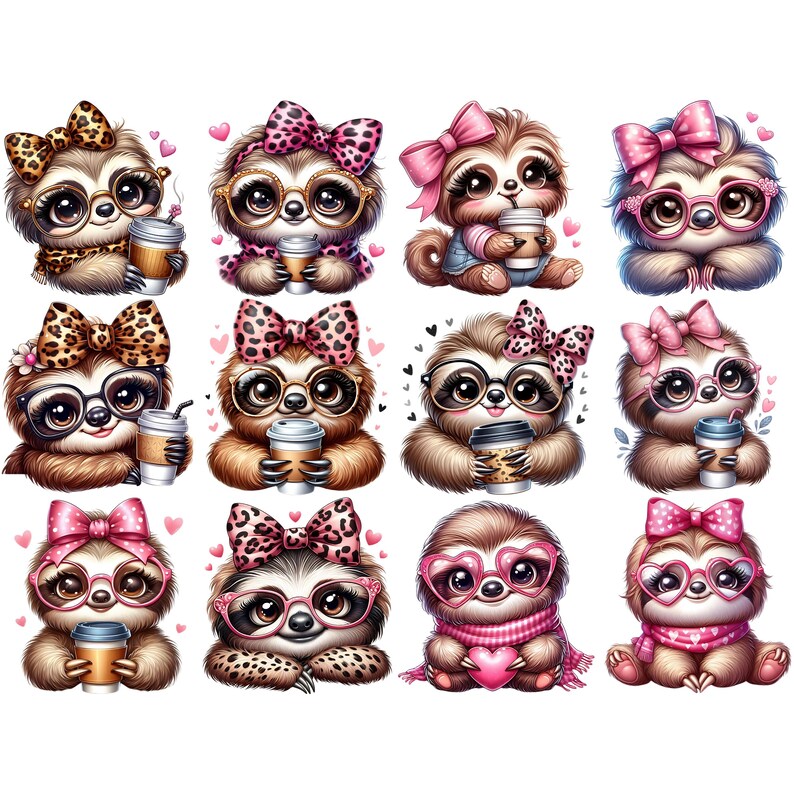Cute Sloth Girl Clipart Bundle 12 PNG High Quality Watercolor Coquette Bow Coffee Girly Sloth Printable Stickers Digital Crafting Downloads image 7