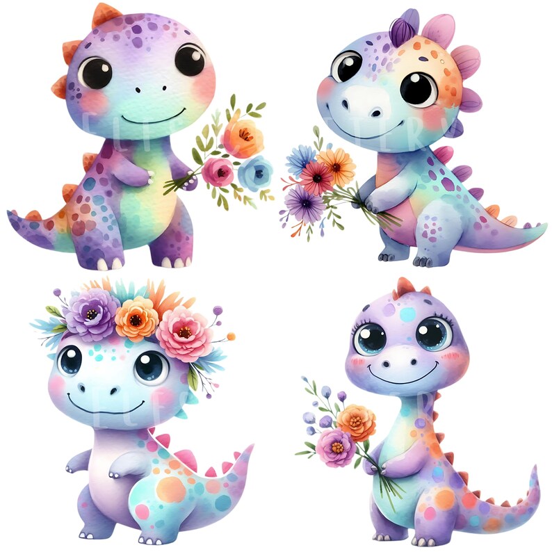Whimsical Dinosaur Clipart Bundle 15 PNG High Quality Watercolor Cute ...