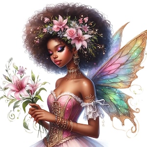 Pacote com 15 clipart de fadas africanas em JPG, linda garota negra encantada, fada afro, download digital, diário de lixo para impressão, artesanato em papel JPG's