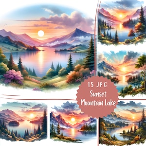 Op de afbeelding: Een verzameling digitale kunstprints met serene zonsondergangscènes boven bergmeren. De afbeeldingen tonen levendige kleuren, waaronder oranje, roze en paarse tinten in de lucht en het water, met gedetailleerde afbeeldingen van bomen en bergen. De tekst "15 JPG Sunset Mountain Lake" is zichtbaar.