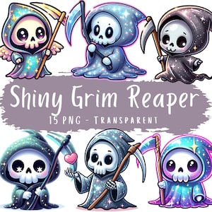 Glänzender Sensenmann Clipart Bundle 15 PNG hochwertige Cartoon niedliche Girly Halloween Grim Reaper Printables digitaler Download