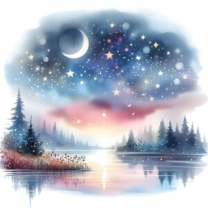 18 JPG Sterrennacht meer digitale kunst bundel aquarel schilderij stijl nacht sterren landschap digitale download dromerige nachtelijke hemel Lake JPG