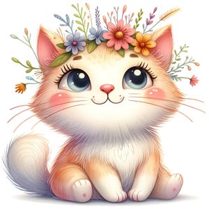 Paquete de 15 imágenes prediseñadas de gatitos con flores extravagantes en formato JPG, acuarela, divertido gatito, descarga digital, lindo gato floral, páginas imprimibles, manualidades de papel, álbum de recortes