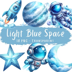 Bundle de cliparts espace bleu clair 18 PNG mignon bleu aquarelle astronaute de l'espace en téléchargement numérique Art graphiques imprimable autocollants fabrication de cartes Png