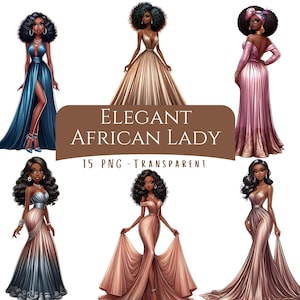 Elegancki pakiet clipartów Afrykańskiej Damy 15 PNG Wysokiej jakości akwarela Fandy Afro Girl Cyfrowe pobieranie do druku Wzmacniająca Afrykańska Kobieta Sztuka