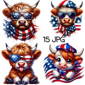 Lot de 15 cliparts vache Highland patriotique JPG mignon 4 juillet animaux de la ferme en téléchargement numérique Clipart fête de l'indépendance imprimable artisanat en papier