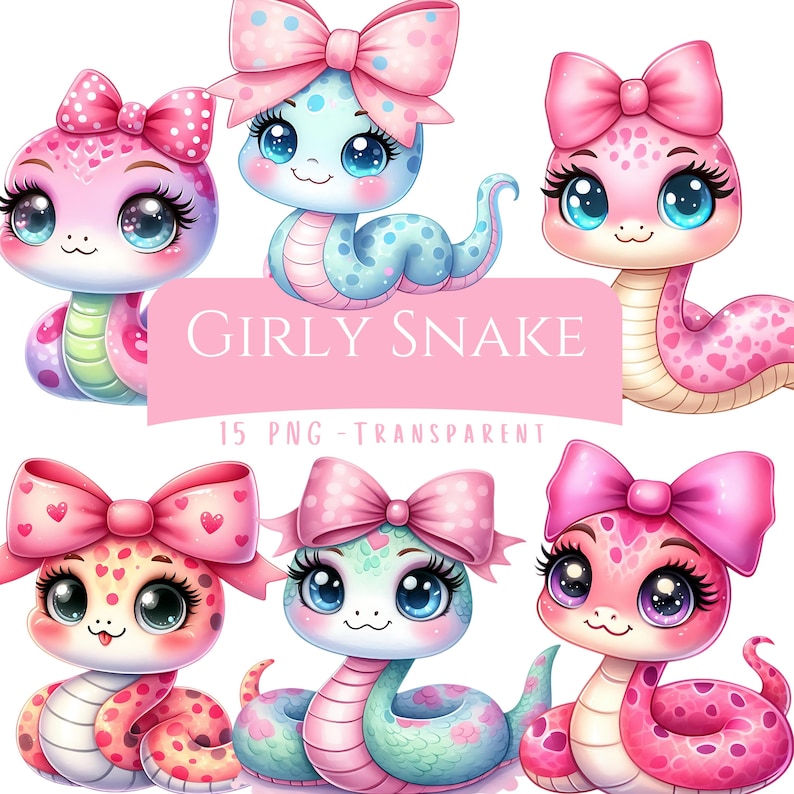 Girly Snake Clipart Bundle 15 PNG High Quality Cute Watercolor Pink Snake Digital Download Printable Art Files Pastel Color Reptiles Pngs image 1