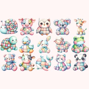 Pastel Patchwork Plush Animal Clipart Bundle 15 PNG High Quality ...