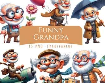 Funny Grandpa Clipart Bundle 15 PNG High Quality Watercolor Cute Quirky ...