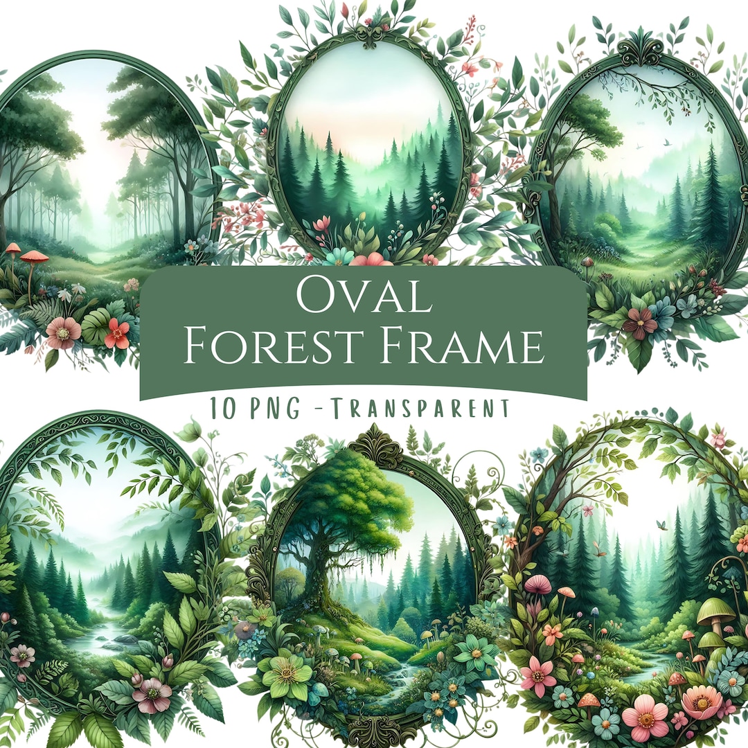Oval Forest Frame Clipart Bundle 10 PNG High Quality Watercolor ...