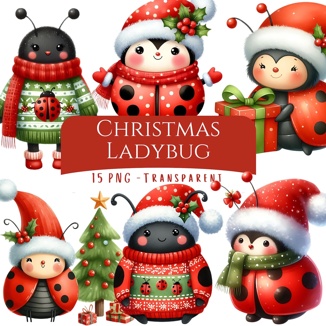 Christmas Ladybug Clipart Bundle 15 PNG Watercolor Cute Ladybug Decor ...