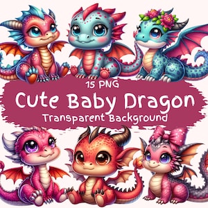 Cute Baby Dragon Clipart Bundle 15 PNG Cartoon Dragon Digital Download High Quality Files Adorable Colorful Dragon Art Commercial Use PNGs