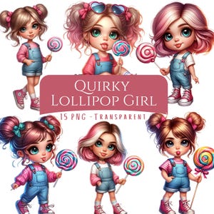 Może przedstawiać: Cyfrowa ilustracja przedstawiająca sześć dziewczyn z kreskówek z dużymi oczami, trzymających kolorowe lizaki. Mają na sobie różowe bluzki, dżinsowe ogrodniczki i różowe trampki. Obraz zawiera tekst "Quirky Lollipop Girl" i "15 PNG - Transparent."