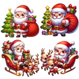 May include: Four cartoon illustrations of Santa Claus. Santa is wearing a red suit and hat, with a white beard. He is holding gifts, a sack of presents, and is riding in a sleigh pulled by reindeer. A Christmas tree is in the background.
