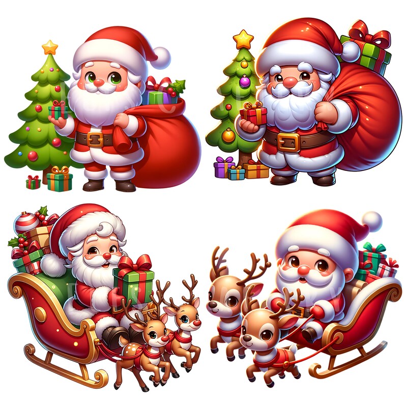 May include: Four cartoon illustrations of Santa Claus. Santa is wearing a red suit and hat, with a white beard. He is holding gifts, a sack of presents, and is riding in a sleigh pulled by reindeer. A Christmas tree is in the background.