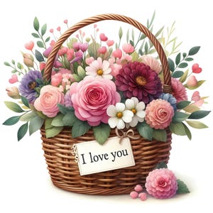 Paquete de 15 imágenes prediseñadas de cestas de flores con frases "Te amo", descarga digital, regalo de cumpleaños, tarjetas imprimibles para manualidades de papel con ramos de flores para seres queridos.
