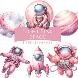 Light Pink Space Clipart Bundle 18 PNG Cute Pink Watercolor Space Astronaut Digital Download Art Graphics Printable Stickers Card Making Png